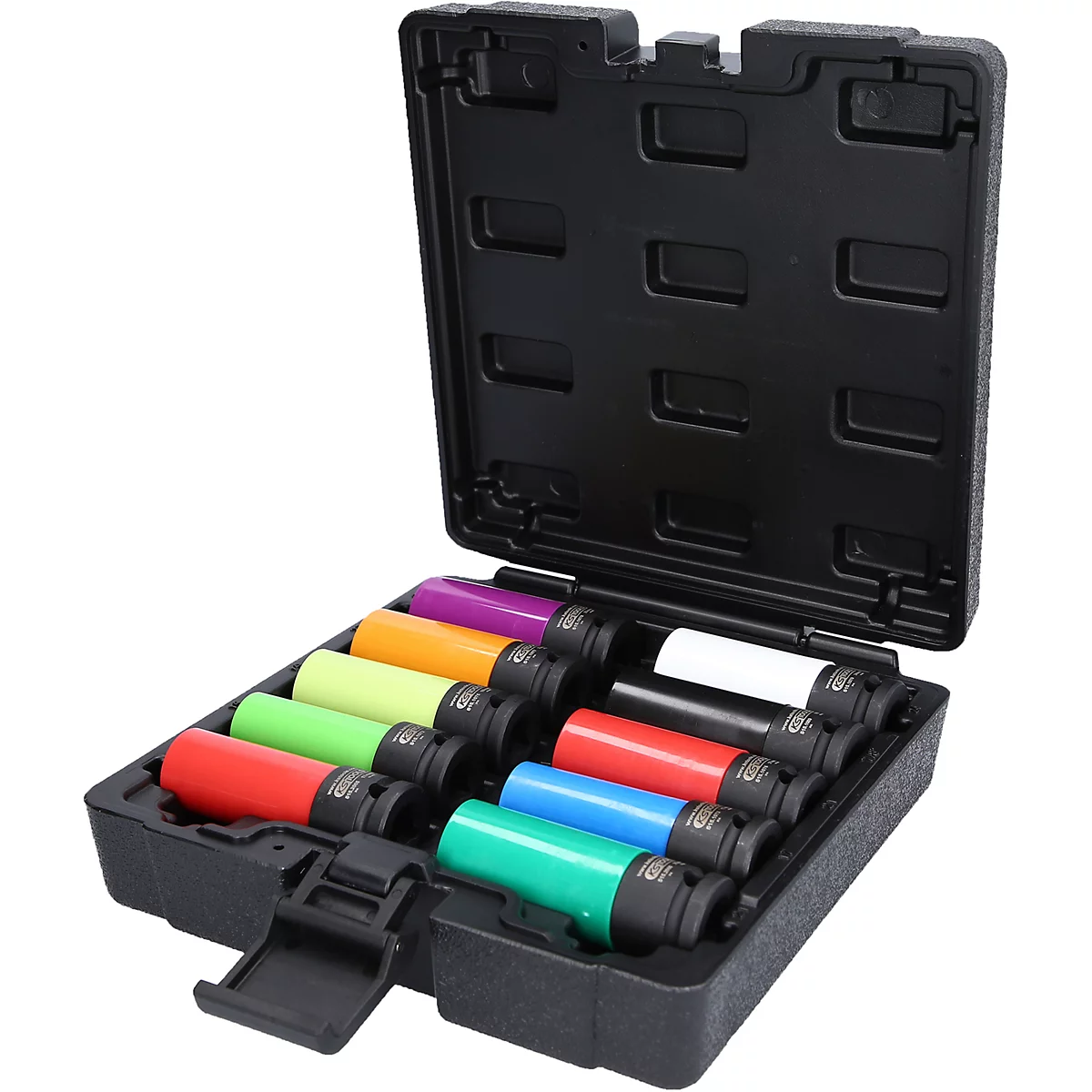Mallette à outils noire, ouverte avec des douilles colorées.